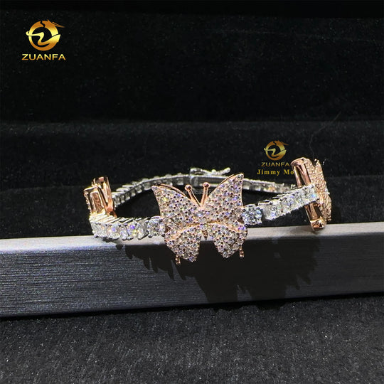 Retail Price 3MM White Gold 925 Silver Iced Out Hip Hop Fire Jewelry Moissanite Diamond Butterfly Cluster Tennis Chain Bracelet