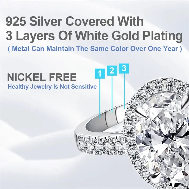 18k White Gold Plated 925 Sterling Silver Wedding Oval Cut Moissanite Engagement Rings for Women