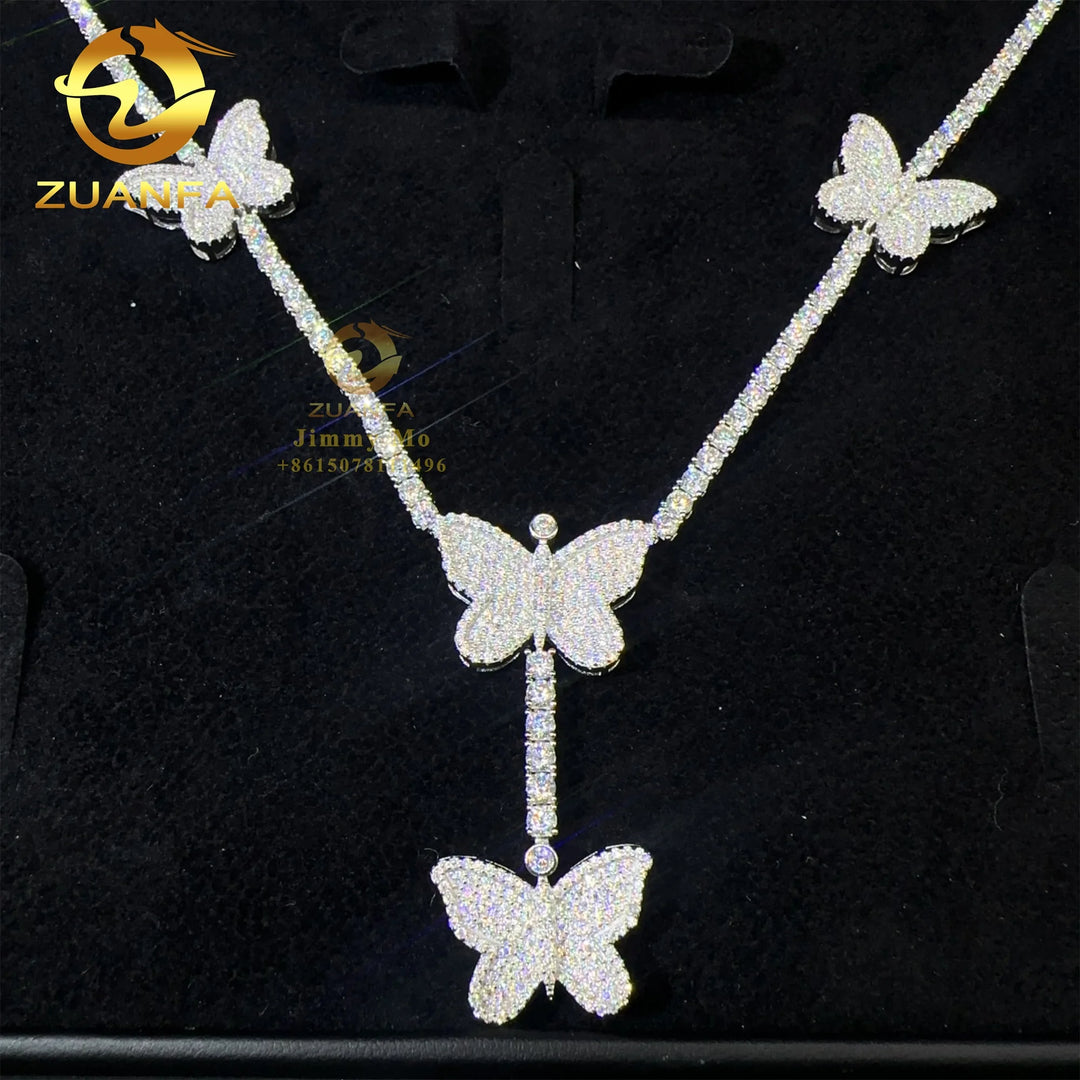 Elegant Style Female 3mm Retail Price Solid 925 Silver Luxury Hip Hop Jewelry Moissanite VVS1 Diamond Butterfly Tennis Chain