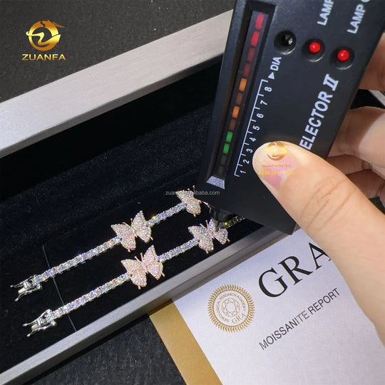 Retail Price 3MM White Gold 925 Silver Iced Out Hip Hop Fire Jewelry Moissanite Diamond Butterfly Cluster Tennis Chain Bracelet