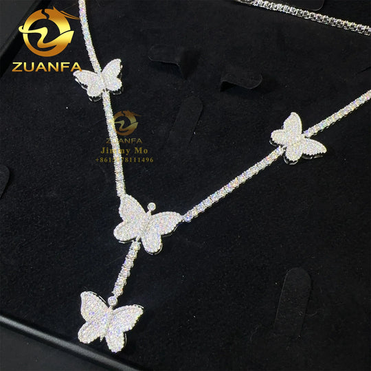 Elegant Style Female 3mm Retail Price Solid 925 Silver Luxury Hip Hop Jewelry Moissanite VVS1 Diamond Butterfly Tennis Chain