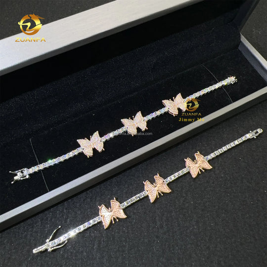 Retail Price 3MM White Gold 925 Silver Iced Out Hip Hop Fire Jewelry Moissanite Diamond Butterfly Cluster Tennis Chain Bracelet