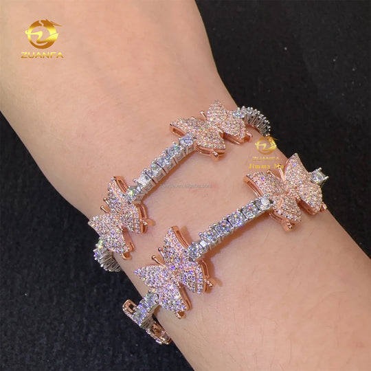 Retail Price 3MM White Gold 925 Silver Iced Out Hip Hop Fire Jewelry Moissanite Diamond Butterfly Cluster Tennis Chain Bracelet