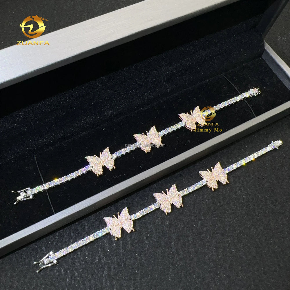 Retail Price 3MM White Gold 925 Silver Iced Out Hip Hop Fire Jewelry Moissanite Diamond Butterfly Cluster Tennis Chain Bracelet