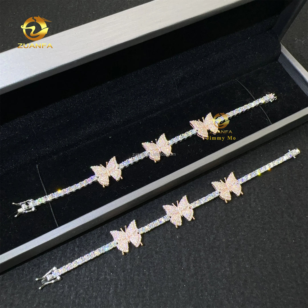 Retail Price 3MM White Gold 925 Silver Iced Out Hip Hop Fire Jewelry Moissanite Diamond Butterfly Cluster Tennis Chain Bracelet