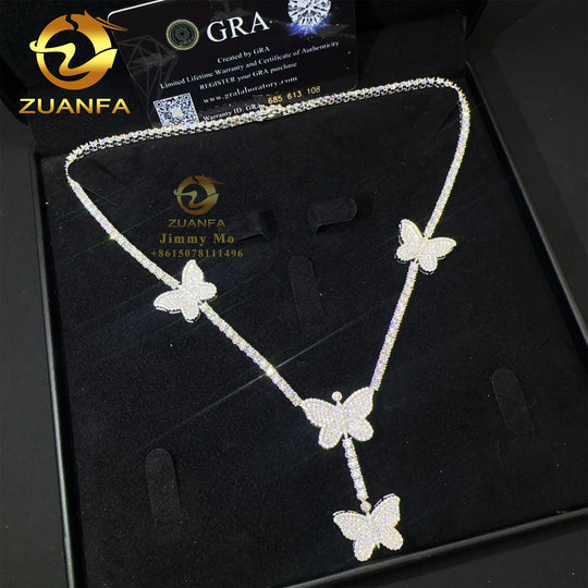 Elegant Style Female 3mm Retail Price Solid 925 Silver Luxury Hip Hop Jewelry Moissanite VVS1 Diamond Butterfly Tennis Chain