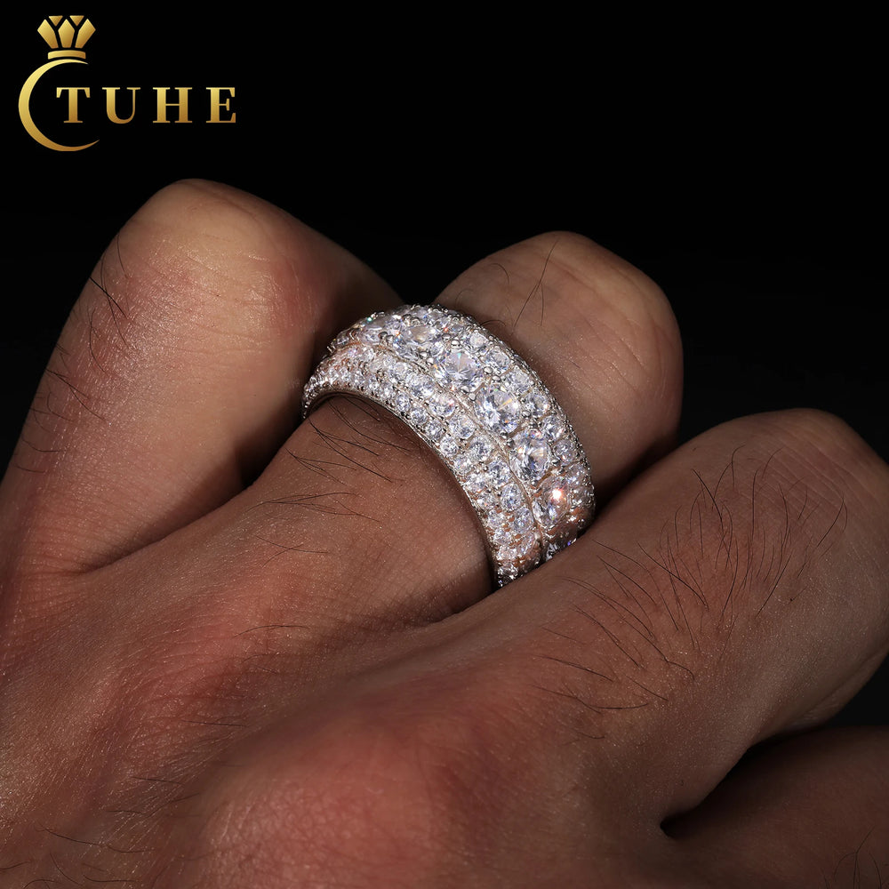  925 Sterling Silver Paved VVS Moissanite Iced Out 5 Layer Diamond Band Ring for Men