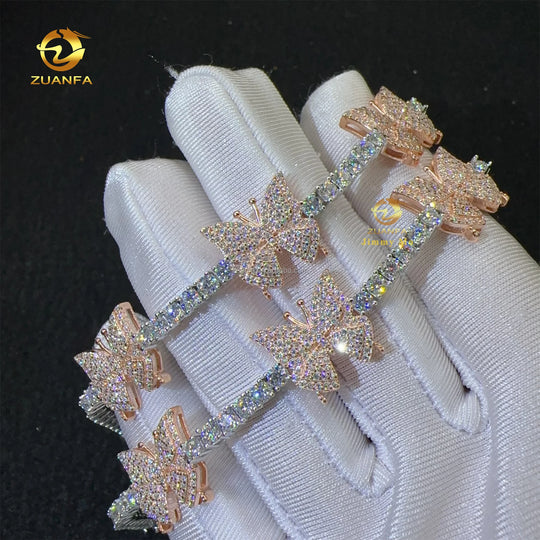 Retail Price 3MM White Gold 925 Silver Iced Out Hip Hop Fire Jewelry Moissanite Diamond Butterfly Cluster Tennis Chain Bracelet