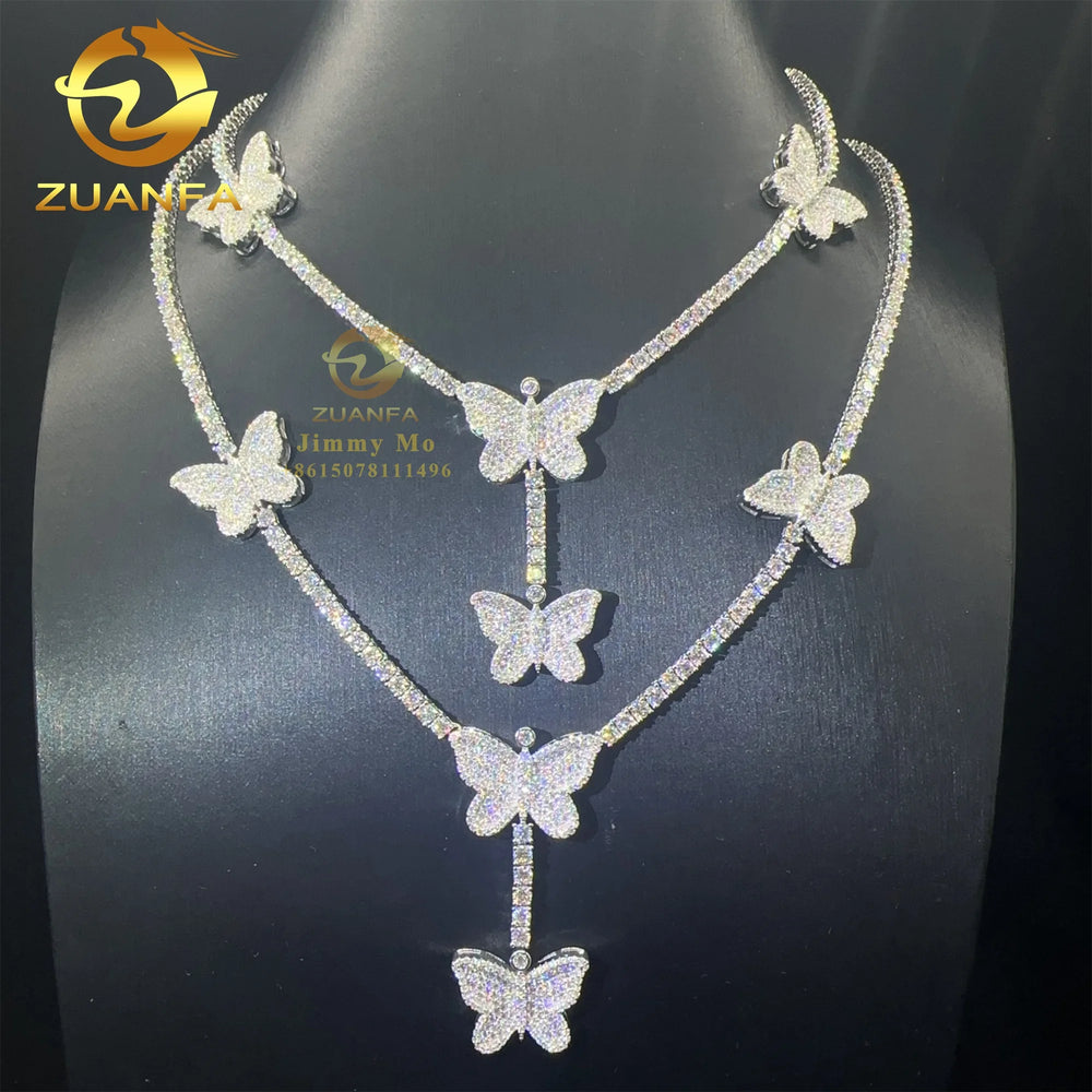 Elegant Style Female 3mm Retail Price Solid 925 Silver Luxury Hip Hop Jewelry Moissanite VVS1 Diamond Butterfly Tennis Chain