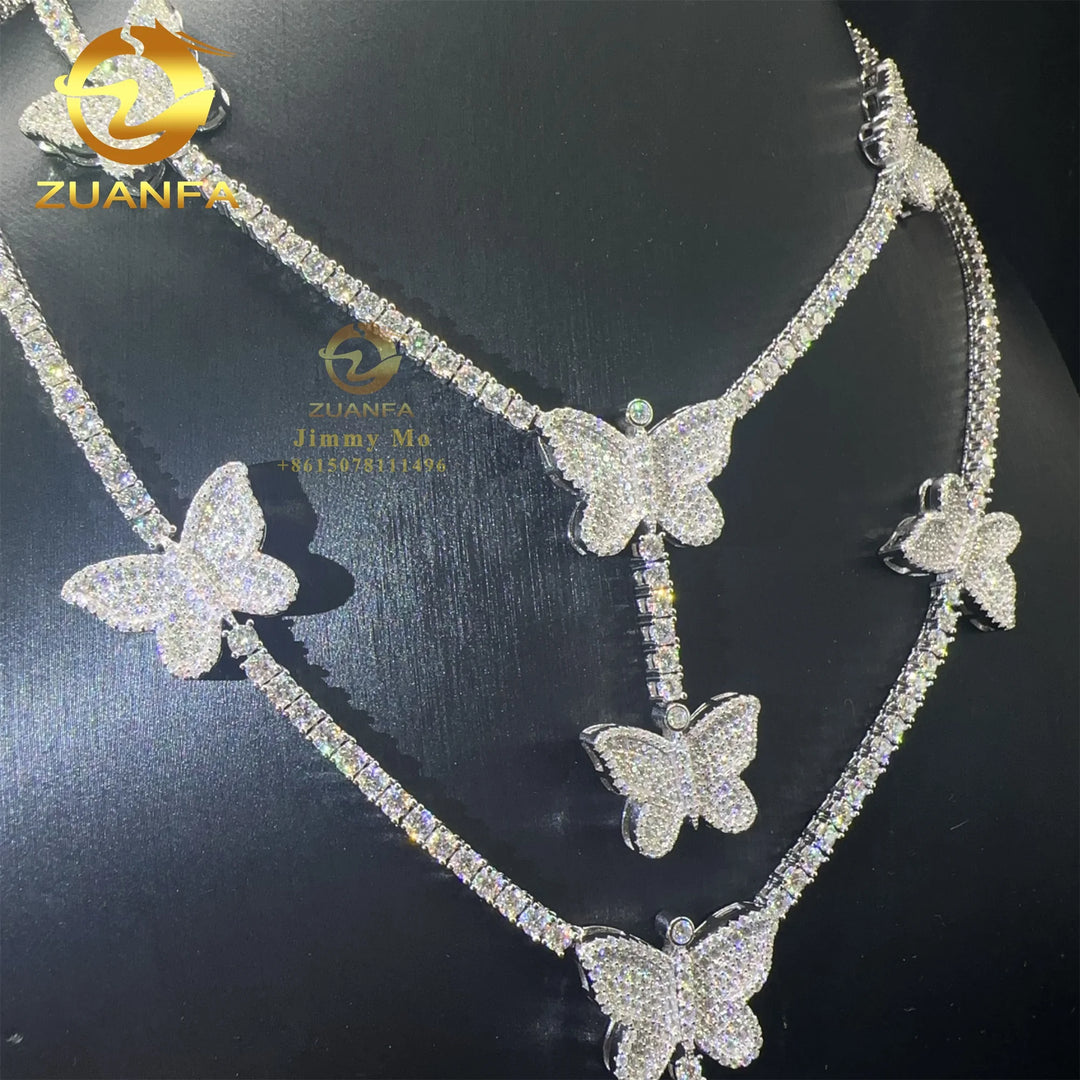 Elegant Style Female 3mm Retail Price Solid 925 Silver Luxury Hip Hop Jewelry Moissanite VVS1 Diamond Butterfly Tennis Chain