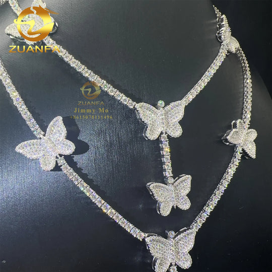 Elegant Style Female 3mm Retail Price Solid 925 Silver Luxury Hip Hop Jewelry Moissanite VVS1 Diamond Butterfly Tennis Chain