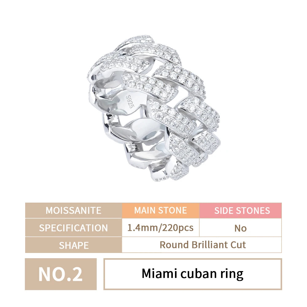 925 Sterling Silver Cuban Ring Pass Diamond Tester with VVS1 DEF Color Diamond Moissanite Jewelry for Wedding Hip Hop Style